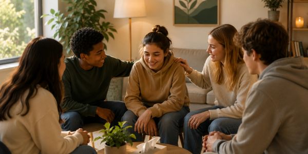 Group of friends supporting and comforting a girl in a cozy living room.
