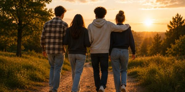 Four friends walking together at sunset on a nature trail.