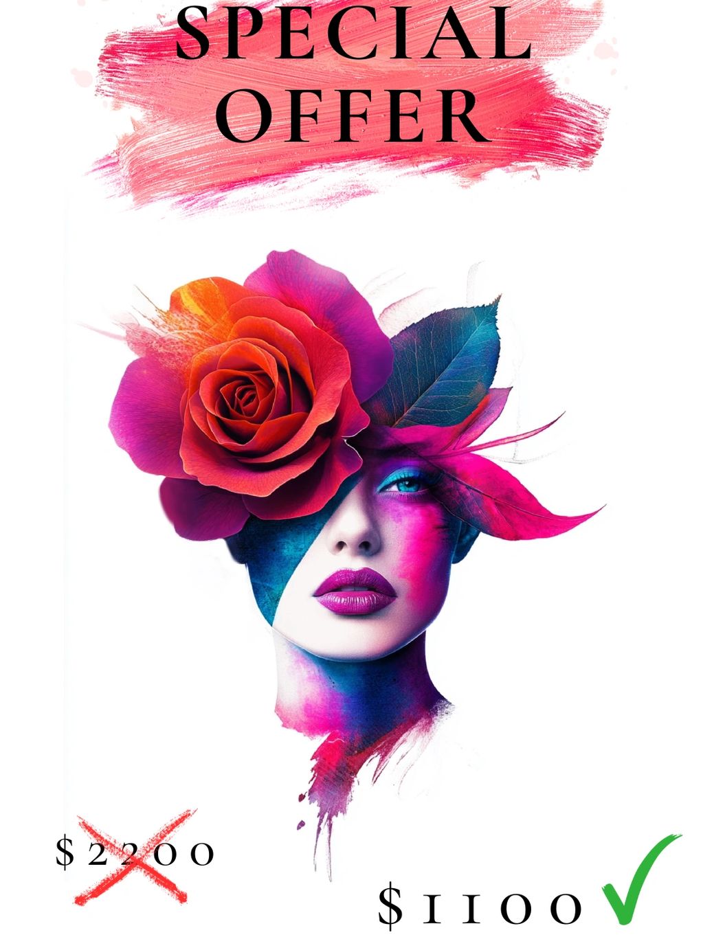 Artistic special offer advertisement with vibrant floral face design and discounted price.