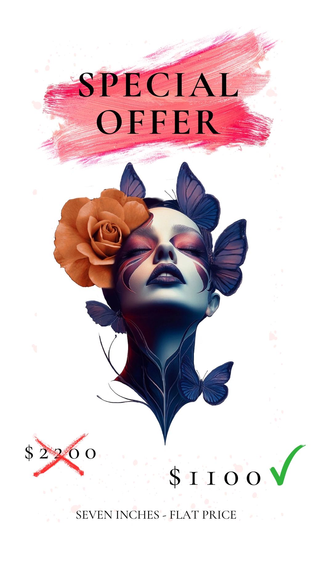 Special offer with a floral and butterfly-themed woman's face artwork.
