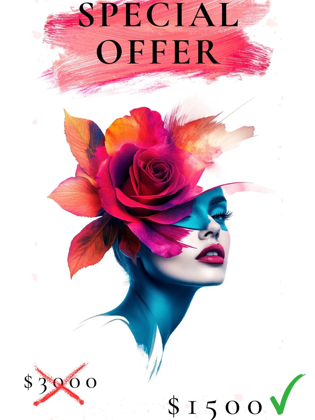 Artistic special offer poster with a colorful floral face design and discounted price.
