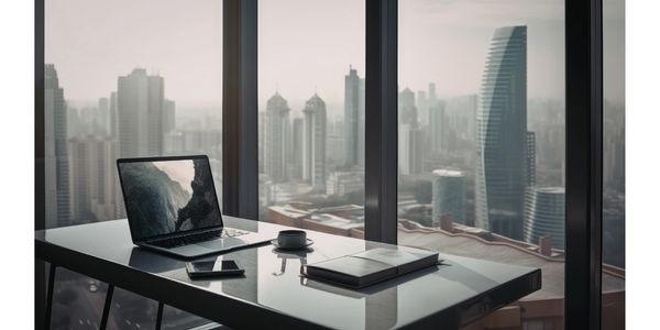 Modern office desk with laptop, coffee, and city skyline view through large windows.
