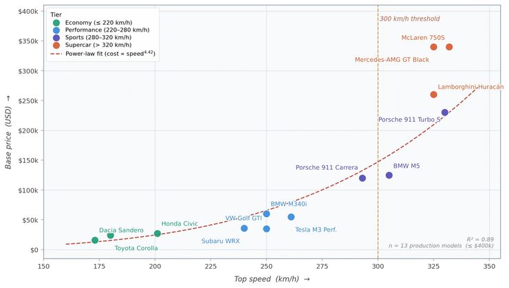 Log-log scatter plot of 13 production cars showing base price versus top speed, with a power-law fit line of exponent 4.42. Cars near or above the 300 km/h threshold include the McLaren 750S, Mercedes AMG GT Black, Lamborghini Huracán, and Porsche 911 Turbo S.