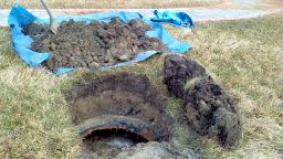 Sod is removed and dirt placed on tarp to protect surrounding grass.