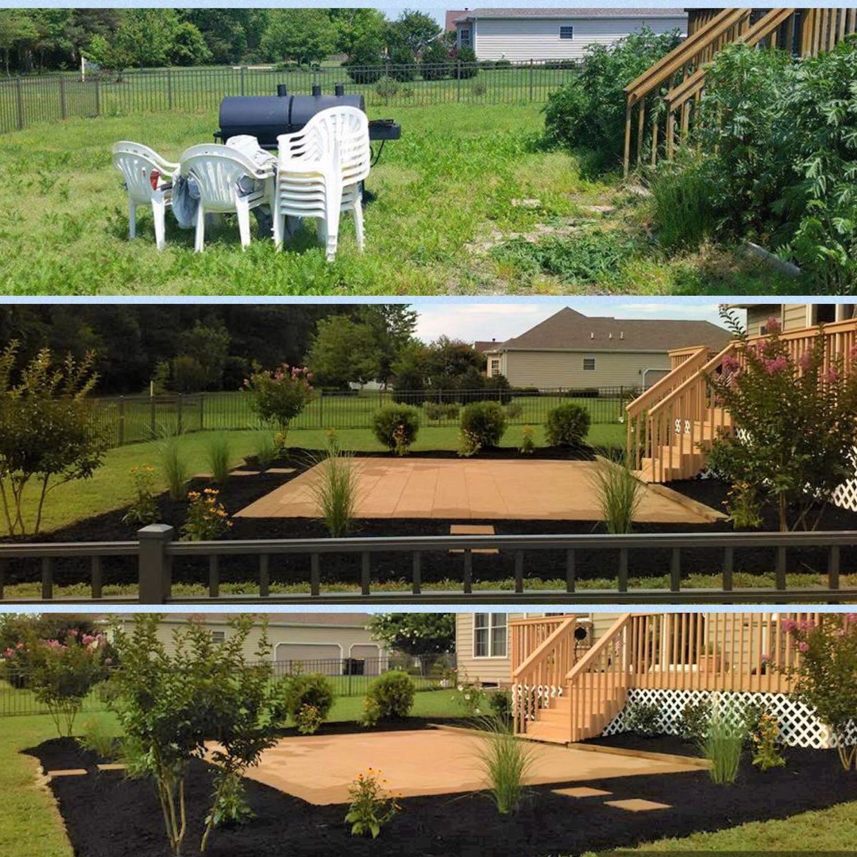 Backyard makeover showing before and after landscaping.