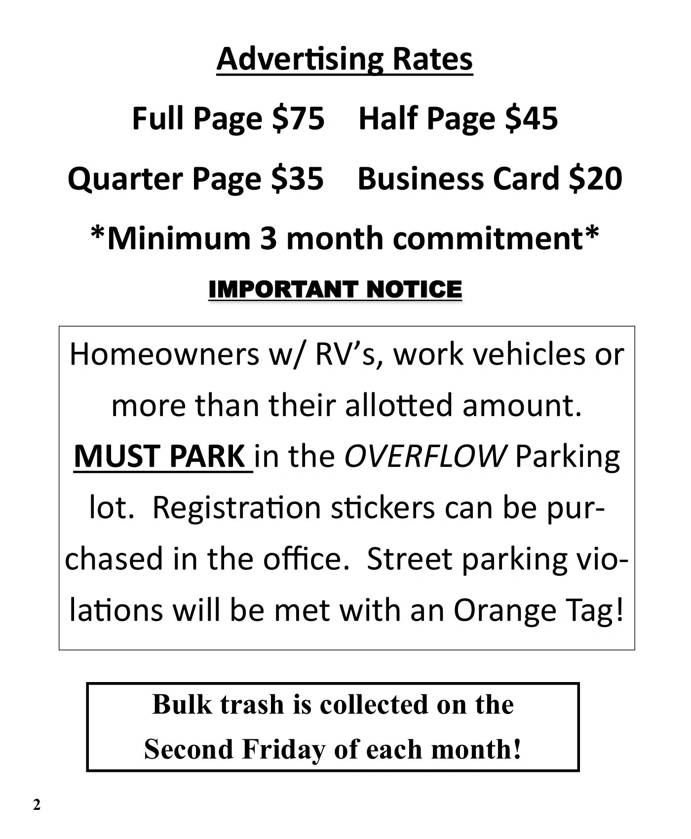 Advertising rates and parking rules for homeowners with RVs or work vehicles.