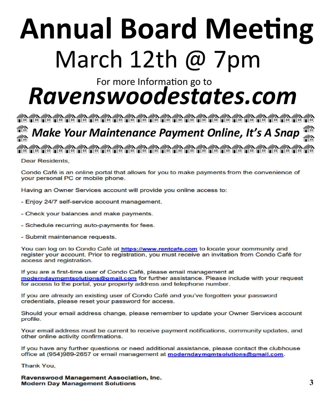 Notice for Ravenswood Estates annual board meeting and online maintenance payment instructions.