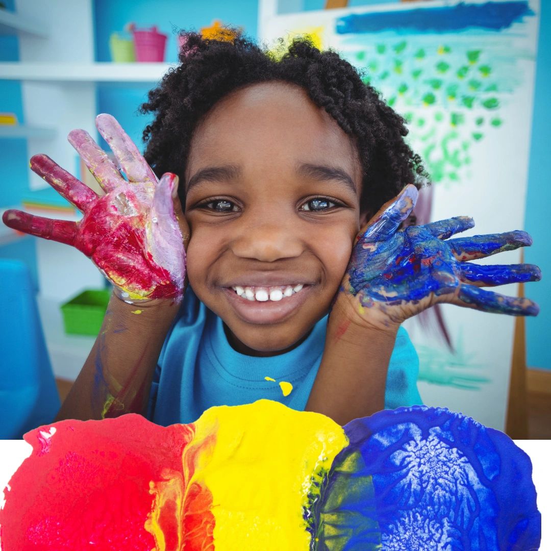 child with painted hands, primary color fun for kids, teaching color identification, color recognition, fun painting projects, kid arts and crafts, teaching the 5 senses, handprints, children's craft ideas