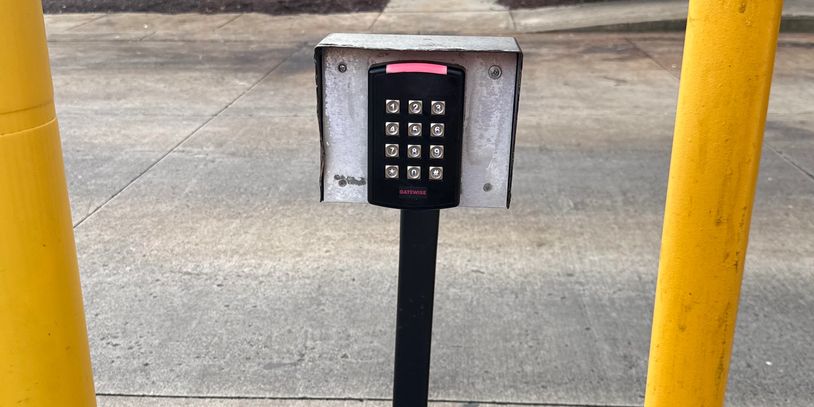 Gatewise Keypad in apartment complex parking garage entrance.