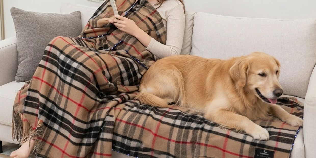 Person wrapped in plaid blanket with a golden retriever on a couch.