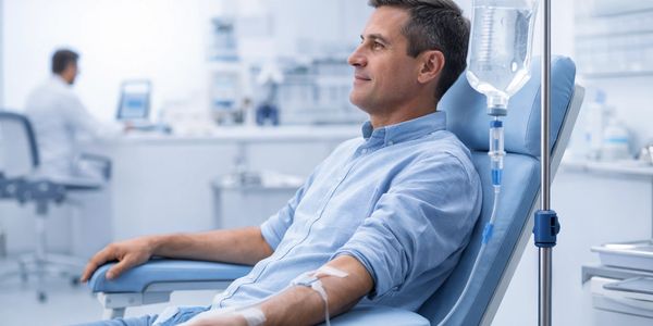 Man donating blood in a medical facility.