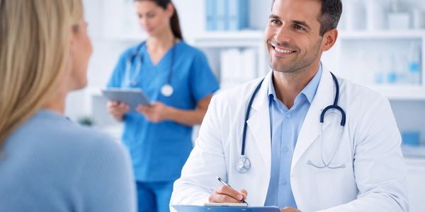 Doctor smiling and consulting with a patient in a medical office.