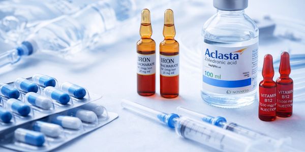 Medical vials, syringe, capsules, and IV fluid bottle arranged on a white surface.