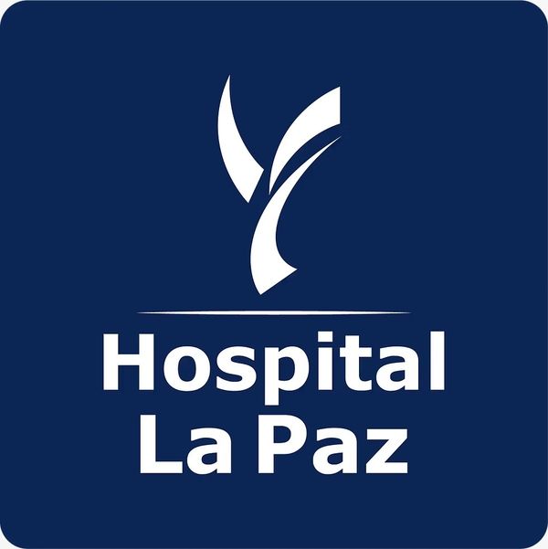 Logo of Hospital La Paz with a stylized white symbol on a blue background.