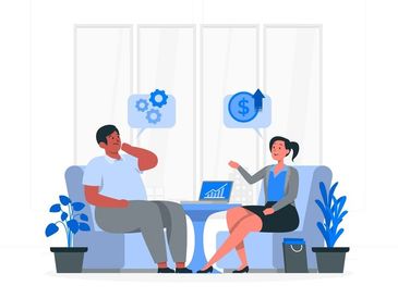 Two people discussing business growth and financial success.