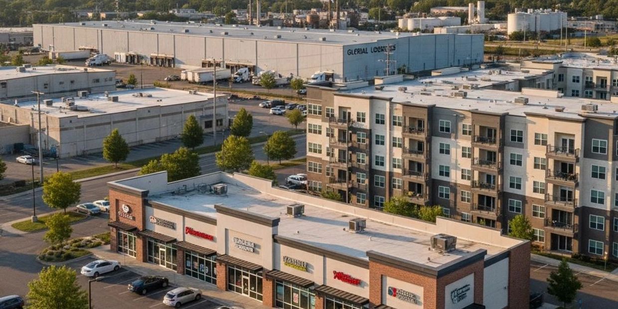 Aerial view of a commercial and residential area with shops and apartment buildings.
