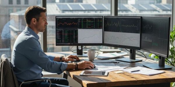 Man analyzing financial data on multiple monitors at his desk.