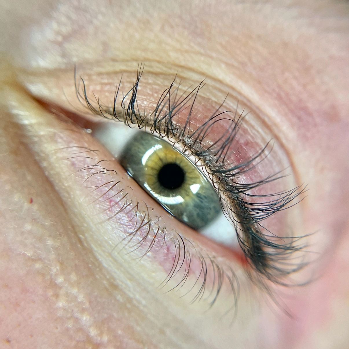 Close-up of a greenish eye with detailed eyelashes and skin texture.