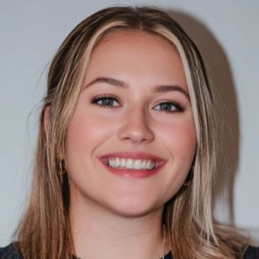 Young woman smiling warmly at the camera with blonde hair and blue eyes.