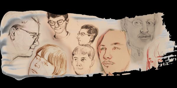 A collage of pencil and colored sketches of various human faces on torn paper.
