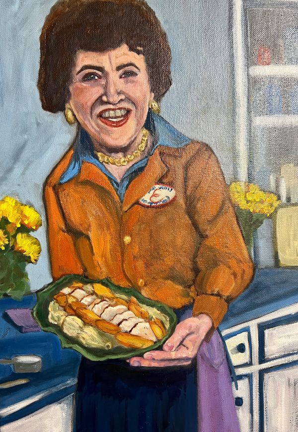 Oil painting of Julia Child's in the kitchen.