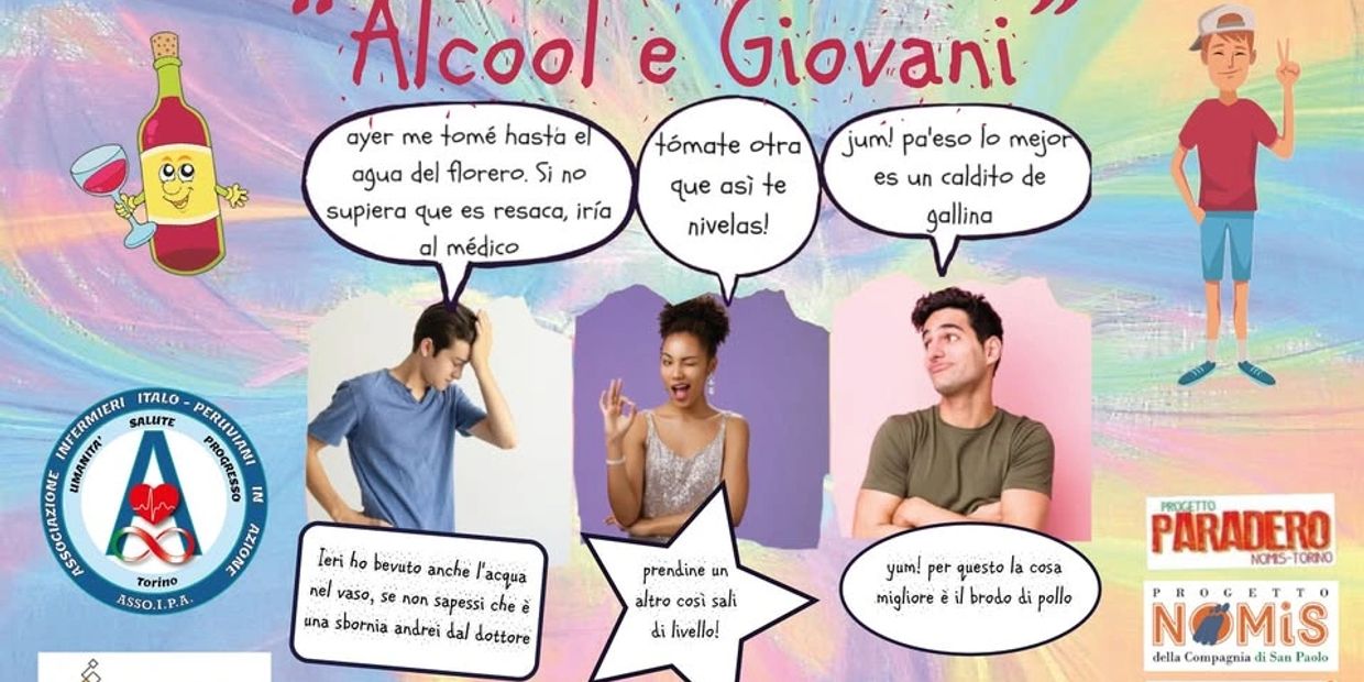 Young people humorously discuss hangover remedies in Spanish and Italian.
