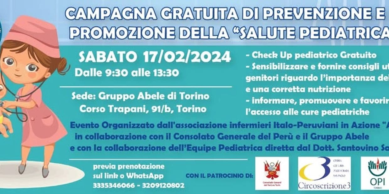 Campagna gratuita di prevenzione e promozione della salute pediatrica a Torino il 17 febbraio 2024.
