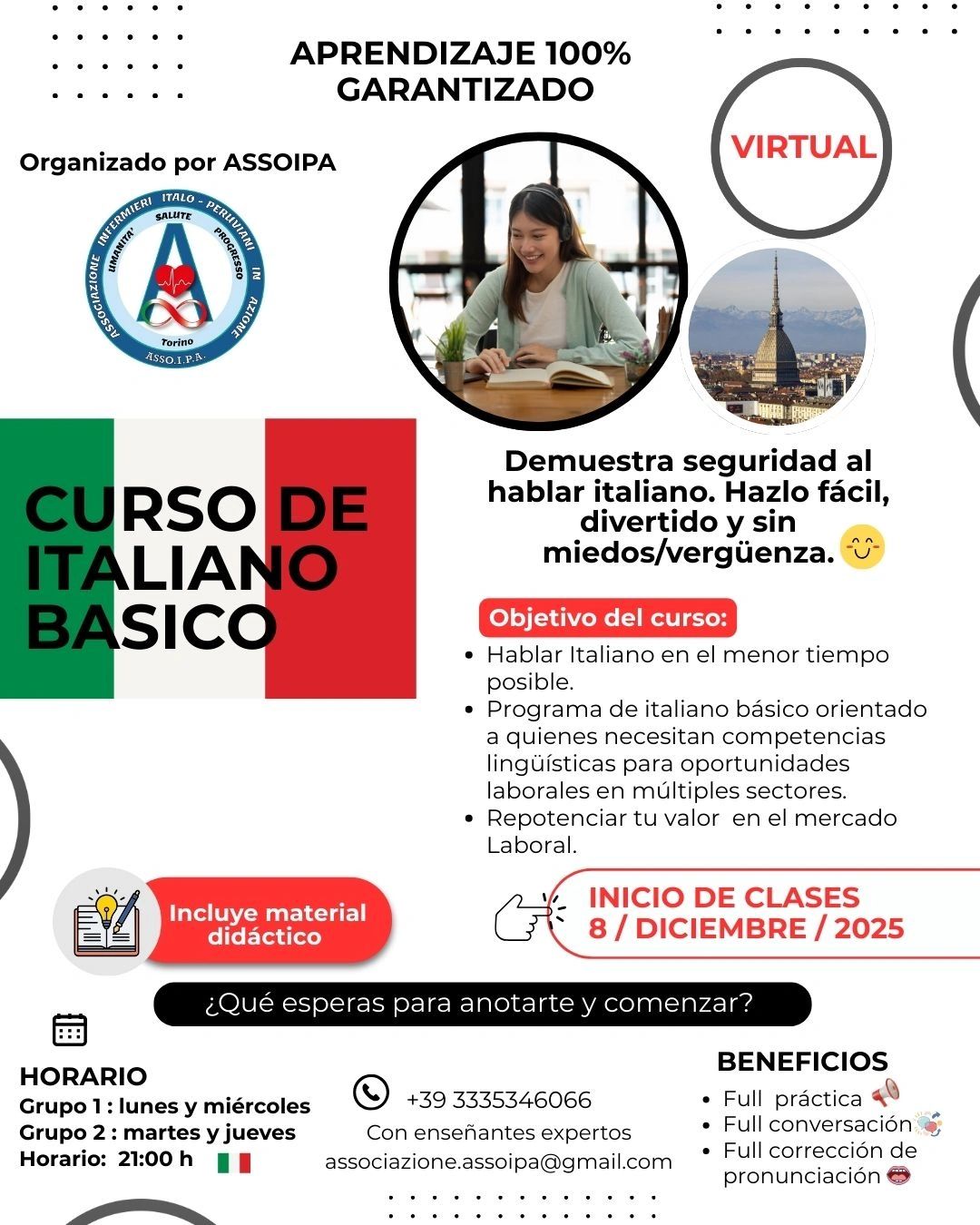 Curso virtual de italiano básico con inicio en diciembre 2025, aprendizaje garantizado y beneficios completos.