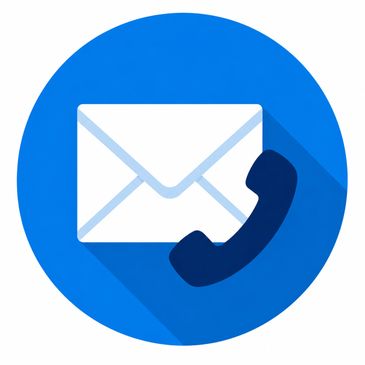 Icon showing envelope and phone symbol on blue background.