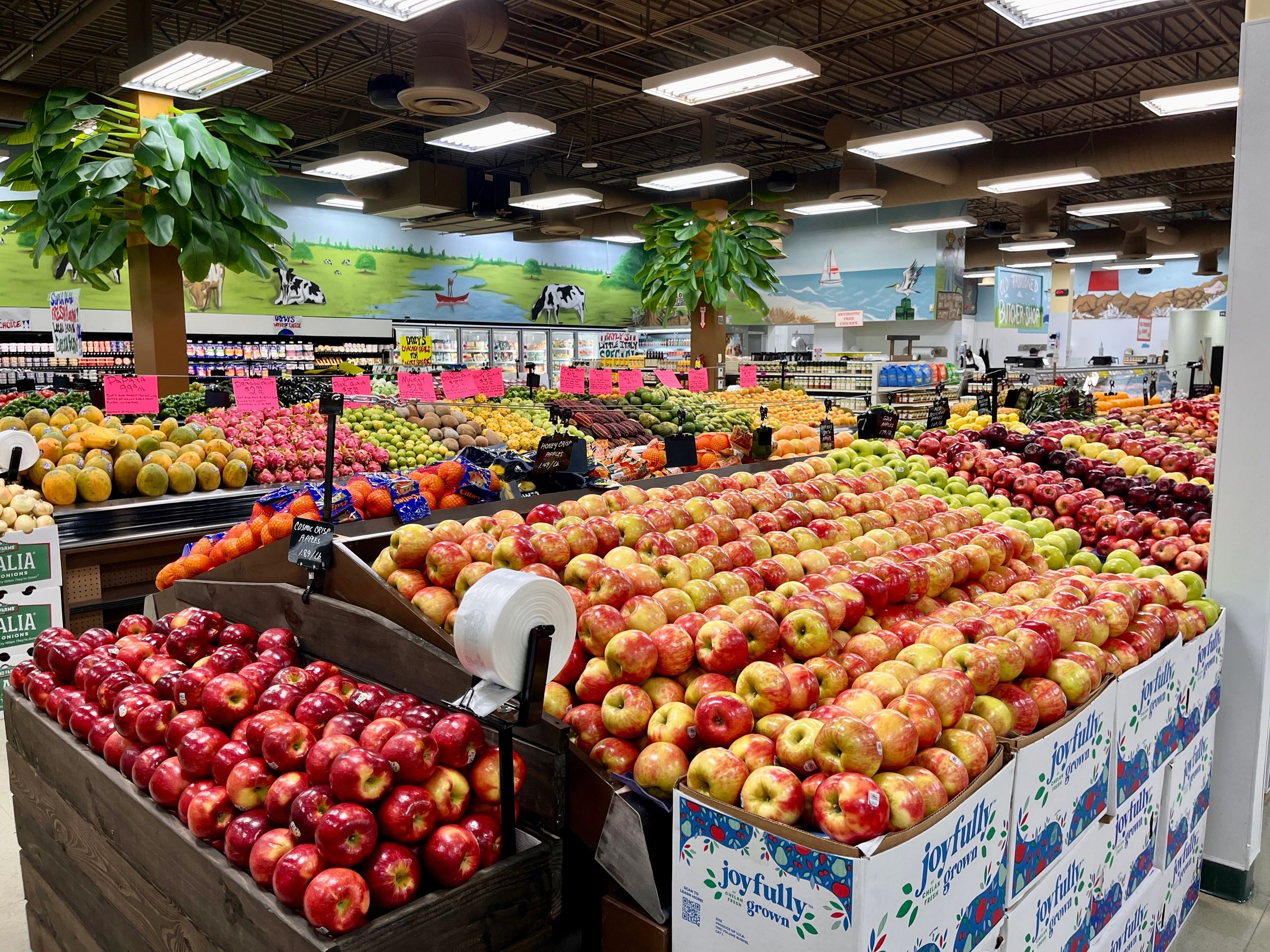 Shoppers’ view of Dayly’s Farm Market produce section, filled with fresh fruits, vegetables, and uni