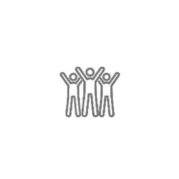 Outline icon of three people standing with raised arms, symbolizing celebration or unity.