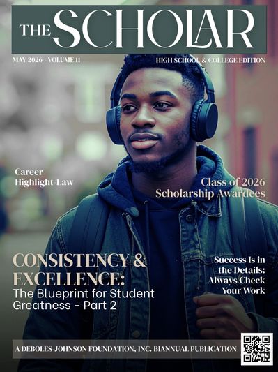 Magazine cover featuring a young man with headphones and backpack, titled The Scholar.