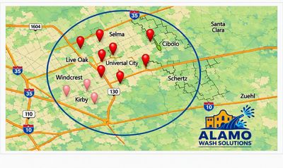 Service area map showing Converse, Live Oak, Universal City, Schertz, Cibolo, Selma, Windcrest, and 