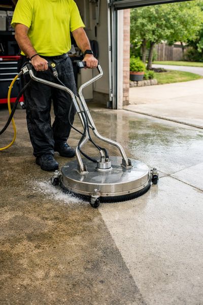 Person using a surface cleaner to power wash a concrete driveway.