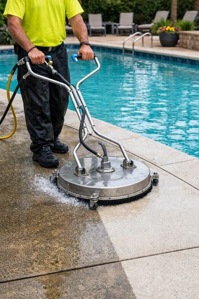Person pressure washing a poolside concrete surface to clean it.