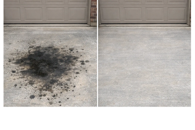 Before and after cleaning oil stains on a concrete driveway.