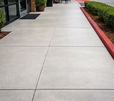 Clean commercial concrete walkway outside a storefront, bright and uniform with no stains or buildup