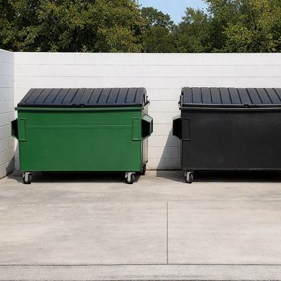 Two commercial dumpsters on a clean concrete pad inside a three‑sided enclosure.