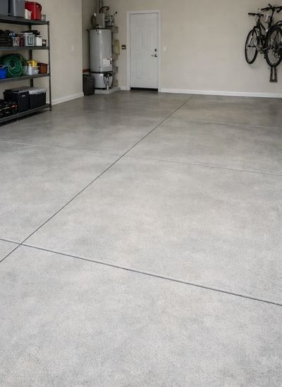 Clean residential garage with a smooth, light‑gray concrete floor and organized storage.