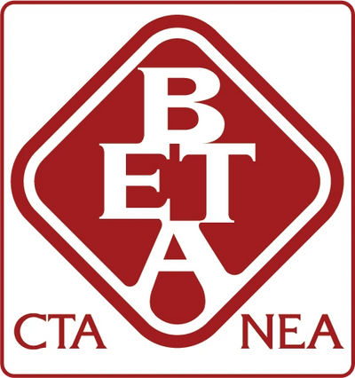 Logo with letters BETA and partial text CTA NEA in red and white.
