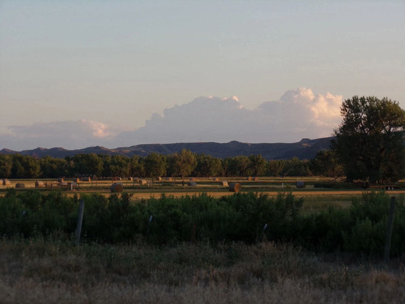 A peaceful rural landscape with hay bales and distant hills under a cloudy sky.