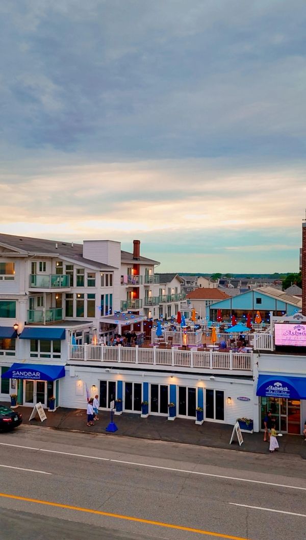 Scenic view of Sandbar rooftop restaurant at sunset.