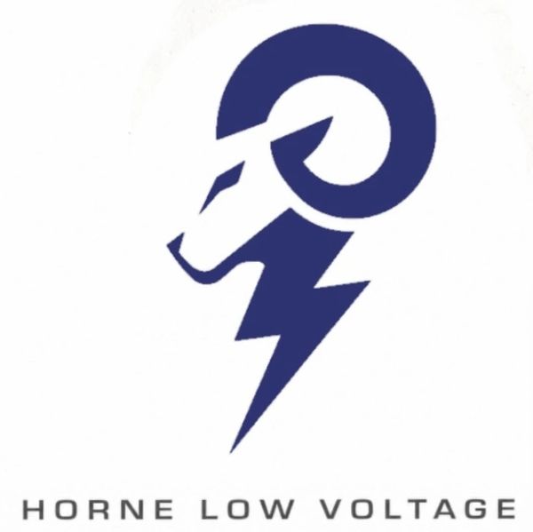 Logo featuring a ram's head and lightning bolt for Horne Low Voltage.