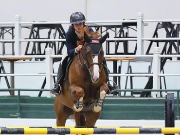 A rider and horse jump over an obstacle in an equestrian event.