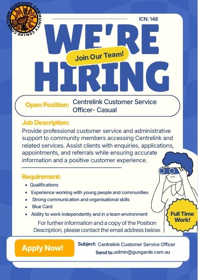 Job vacancy for Centrelink Customer Service Officer at Gungarde Community Centre.