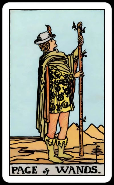 Tarot card showing the Page of Wands holding a wooden staff.