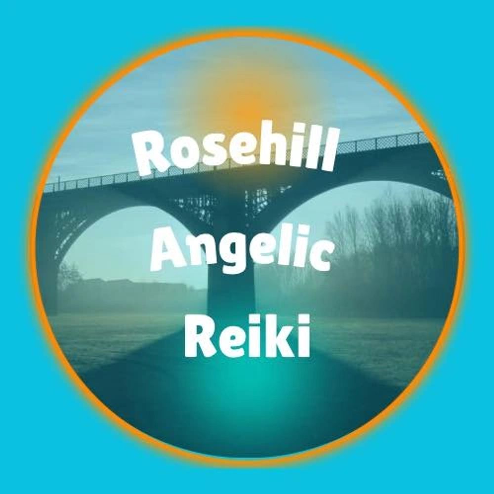 Logo with a bridge and text 'Rosehill Angelic Reiki' in a circular frame.