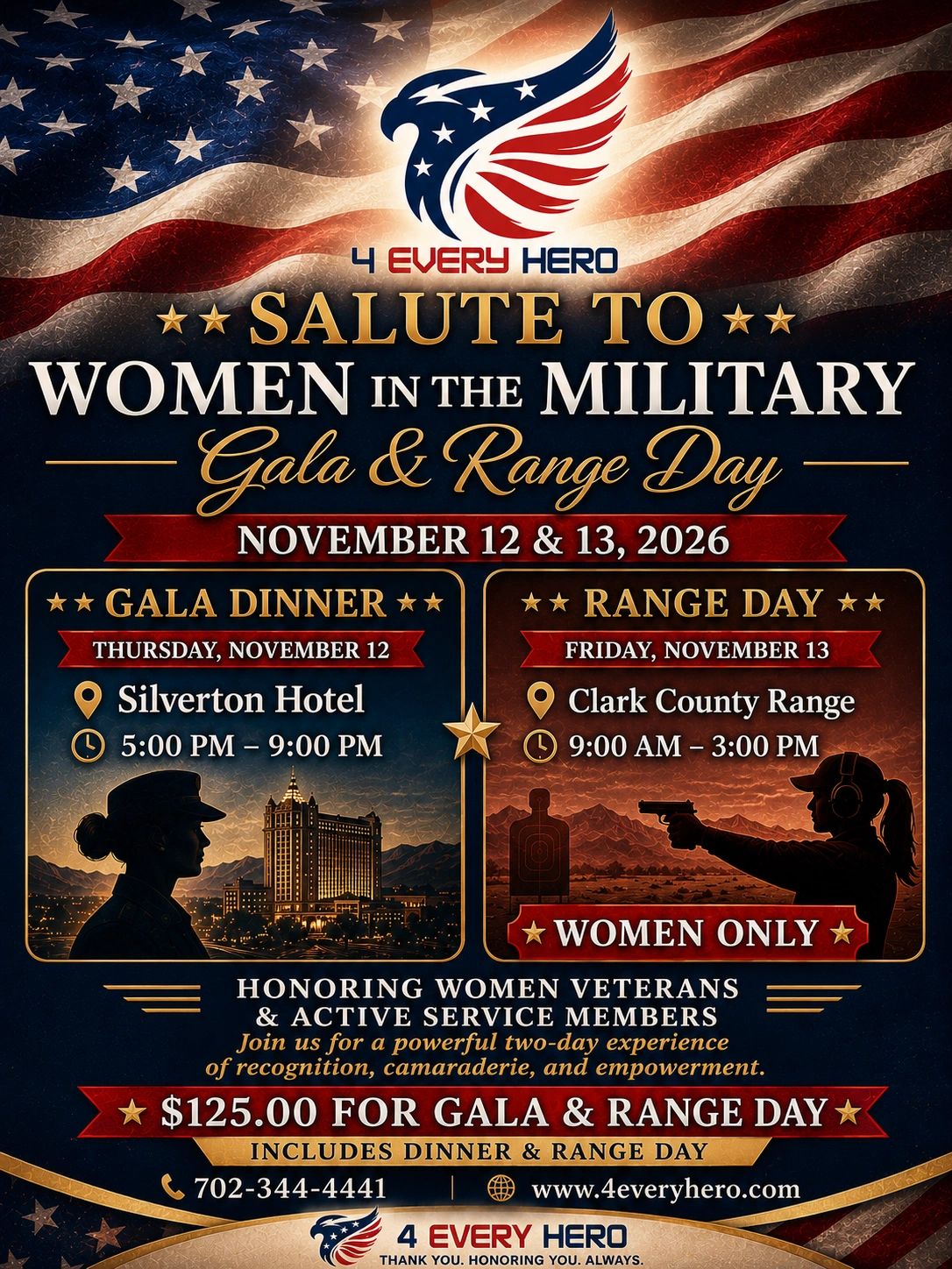 Salute to Women in the Military Gala &amp; Range Day on November 12-13, 2026, honoring women veterans and active service members.