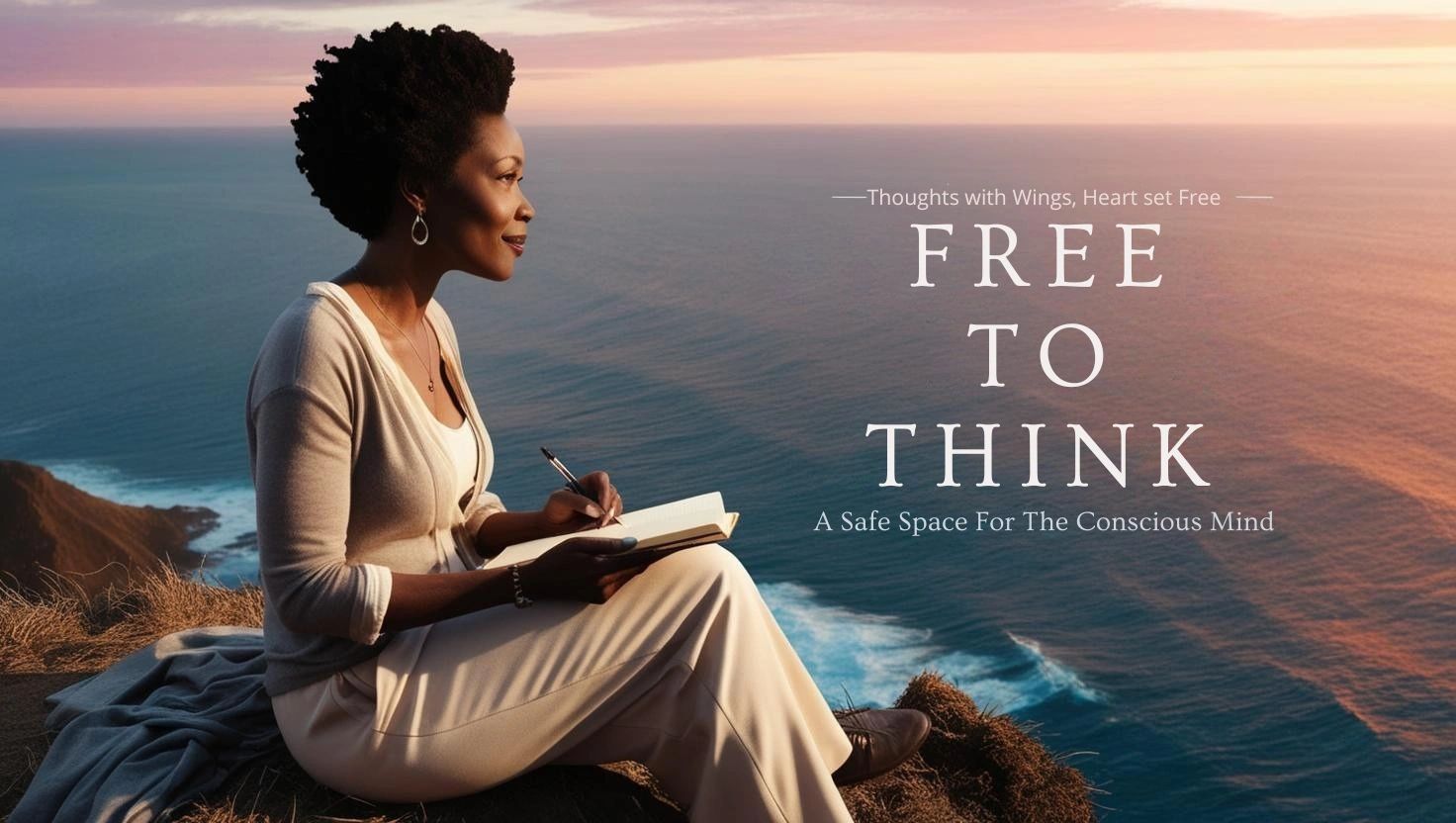Woman journaling by the ocean at sunset, embracing peaceful reflection.