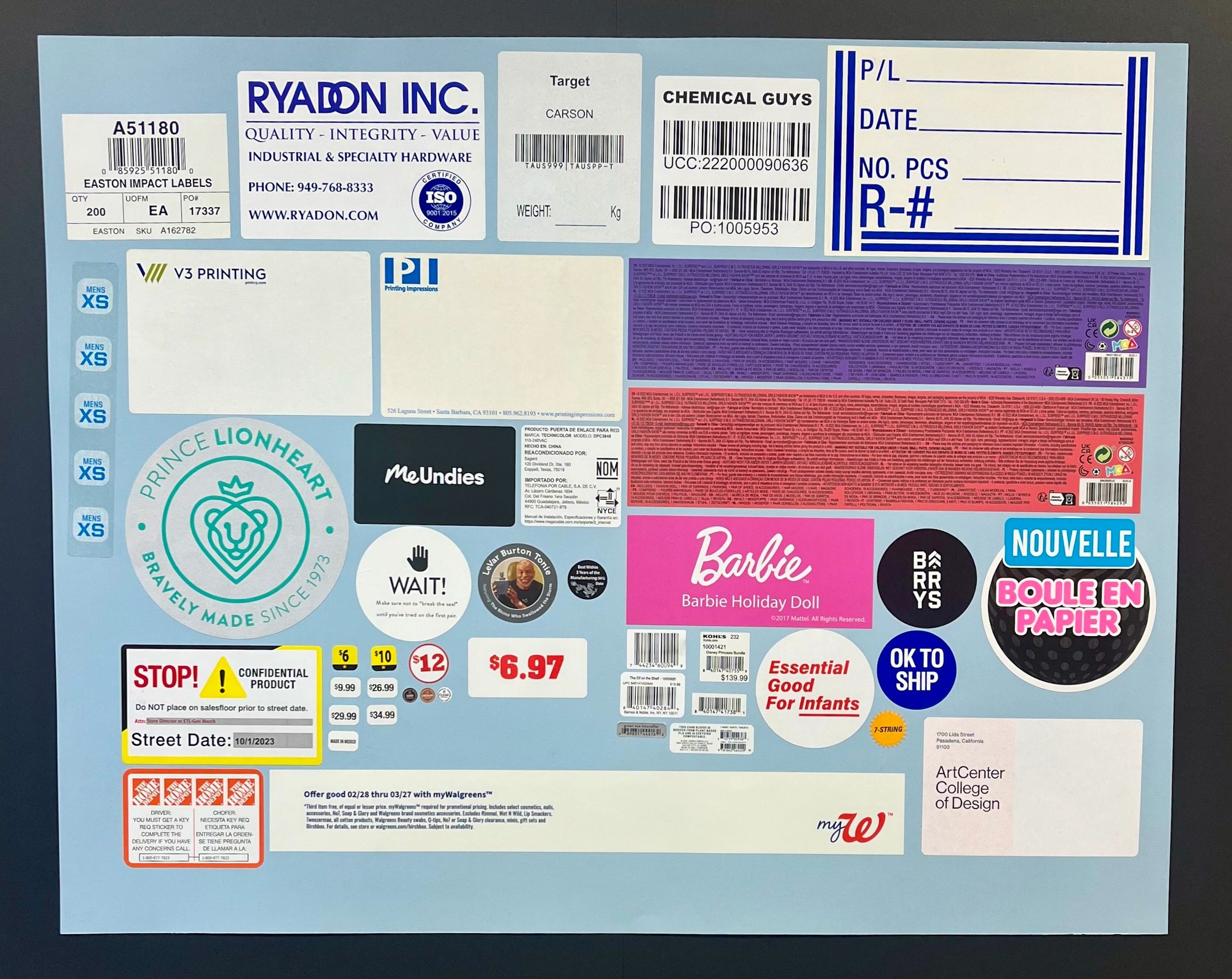 Packaging labels, shipping labels, barcode labels, UPC labels, price point labels, cover up labels